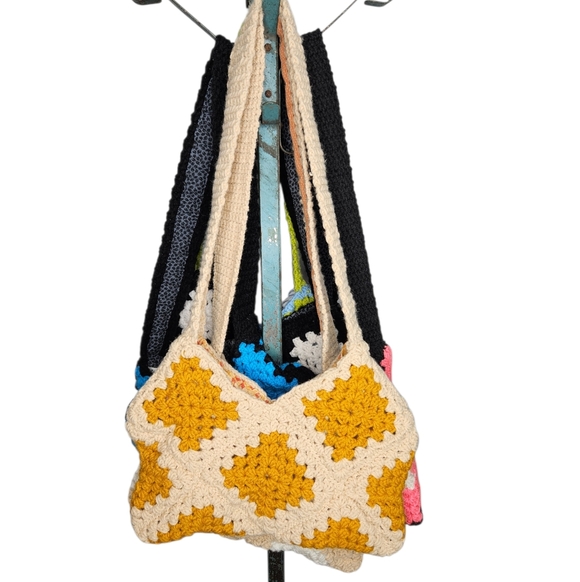 Handmade Handbags - Handmade Crochet Granny Square Shoulder Bag Lined - Cream and Mustard Yellow.